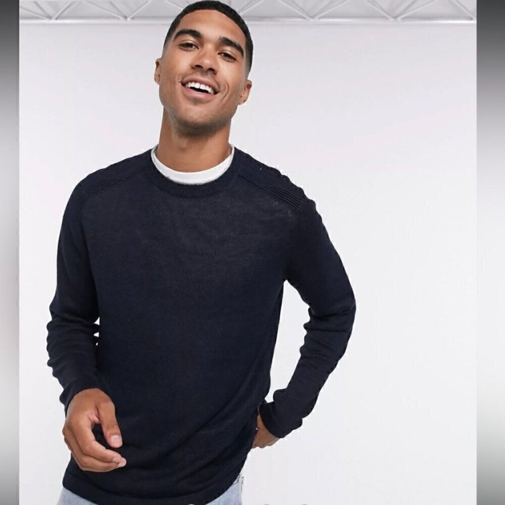 NWT Ted Baker Inzone Crewneck Linen Blend Navy Blue Pullover Sweater - Size 6 (U